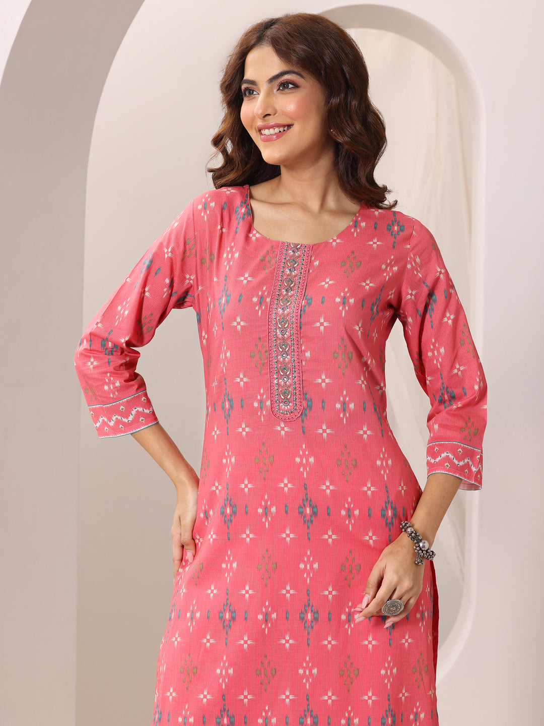  Coral Printed Cotton Straight Suit Set With Dupatta 