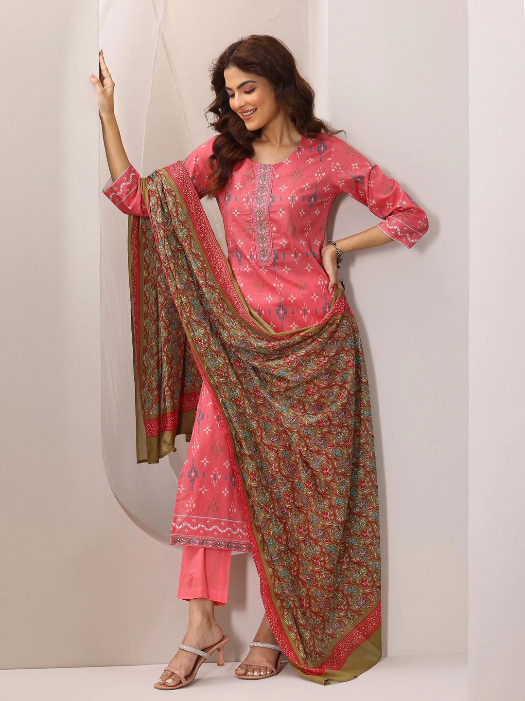  Coral Printed Cotton Straight Suit Set With Dupatta 