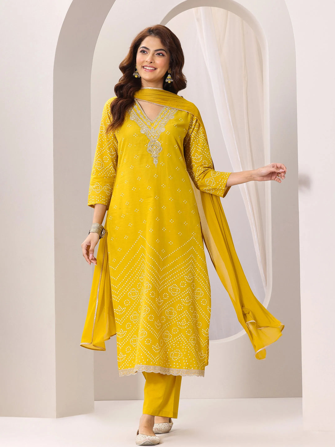  Mustard Printed Cotton Straight Suit Set With Dupatta 