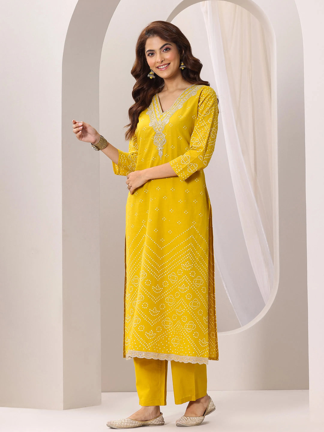  Mustard Printed Cotton Straight Suit Set With Dupatta 