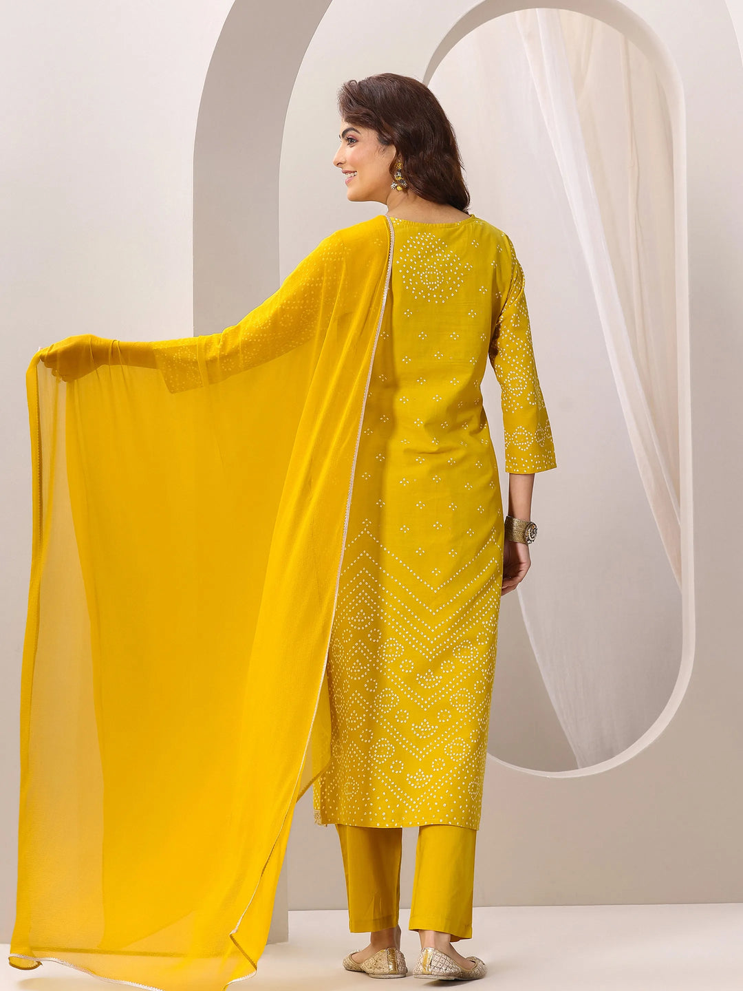  Mustard Printed Cotton Straight Suit Set With Dupatta 