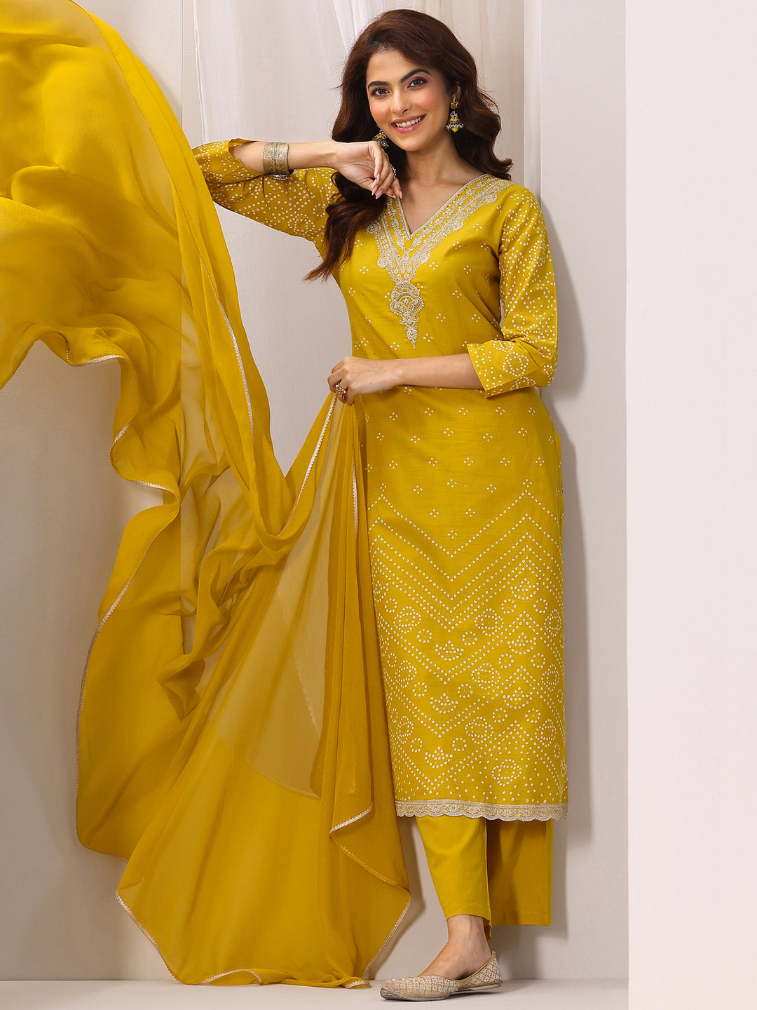 Mustard Printed Cotton Straight Suit Set With Dupatta