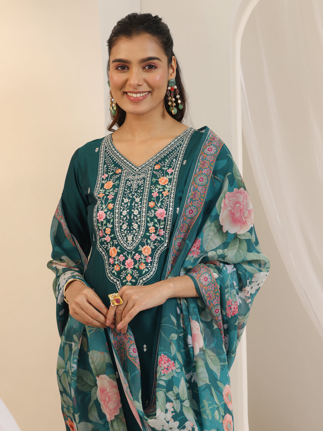 Teal Embroidered Silk Blend Straight Suit Set With Dupatta