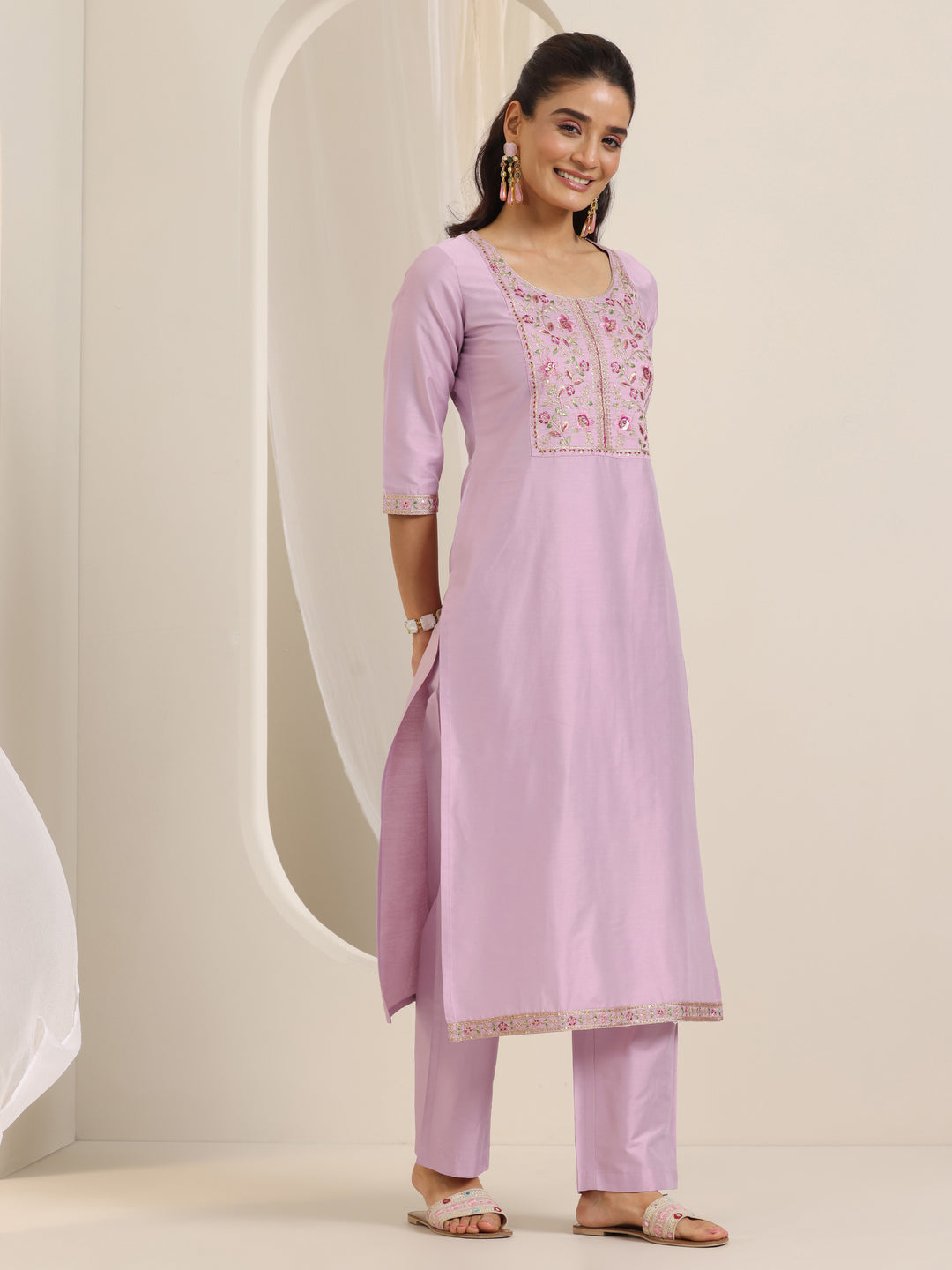  Lavender Yoke Design Silk Blend Straight Suit Set With Dupatta 