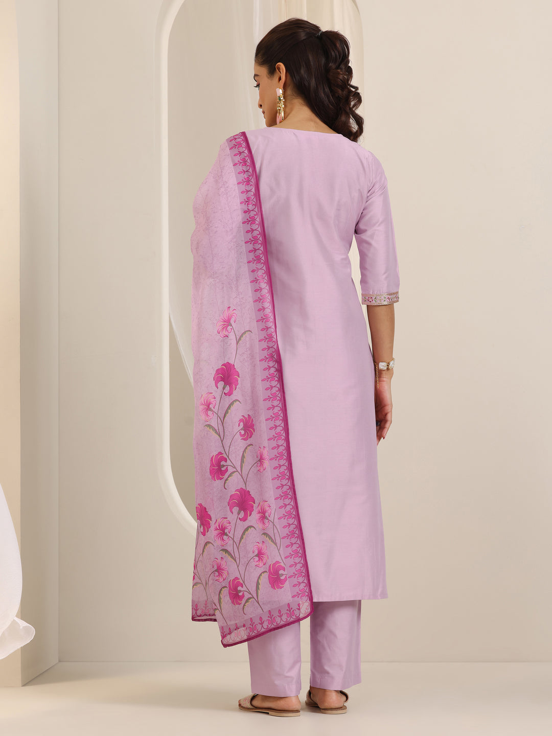  Lavender Yoke Design Silk Blend Straight Suit Set With Dupatta 