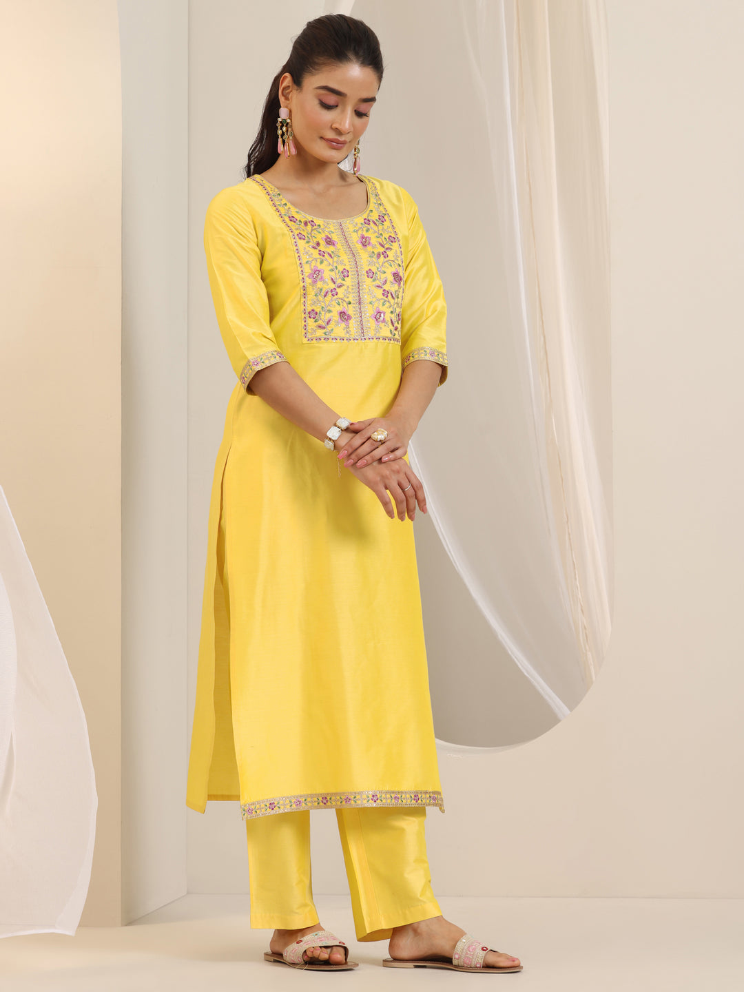  Yellow Yoke Design Silk Blend Straight Suit Set With Dupatta 