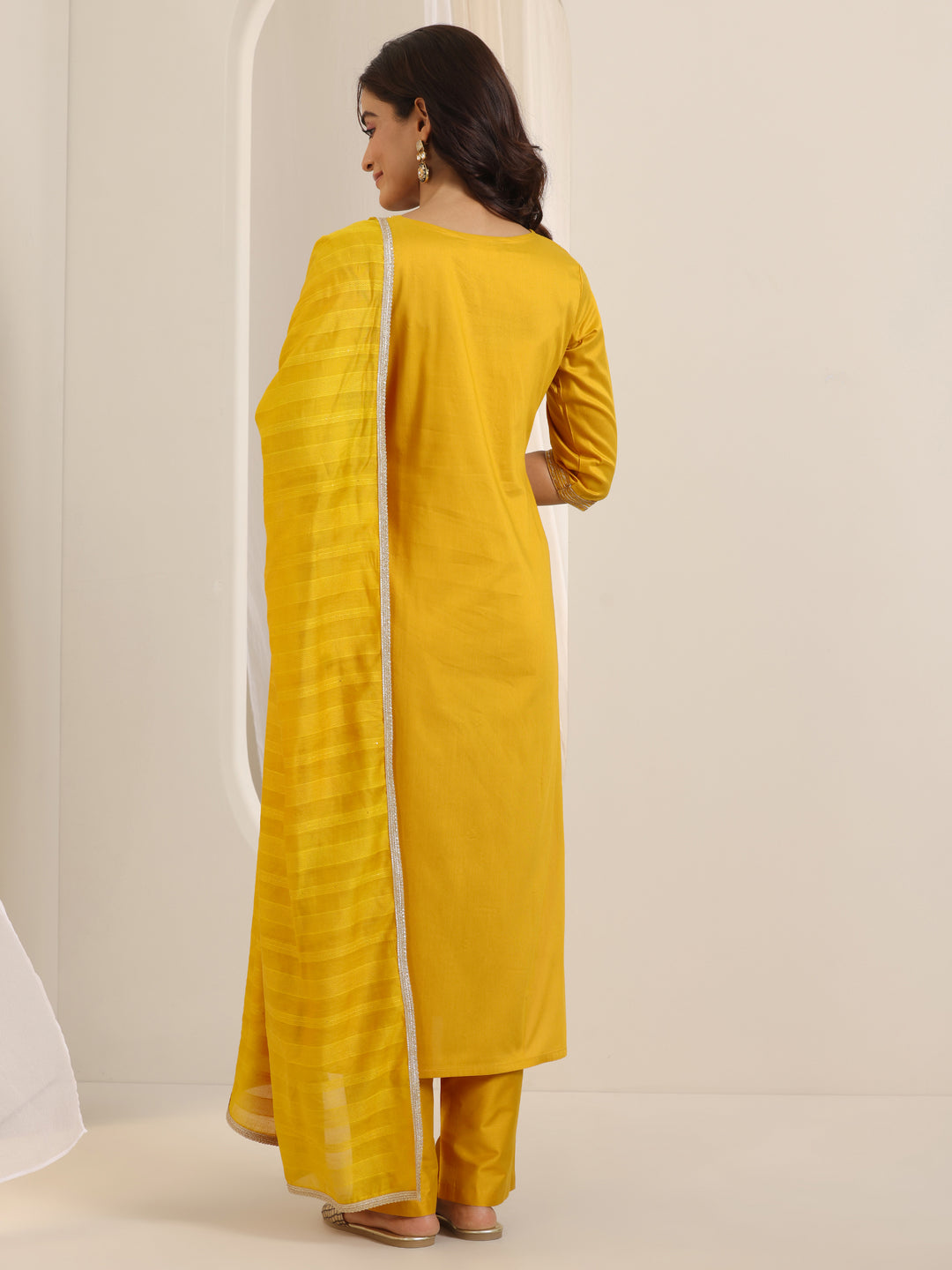  Mustard Embroidered Silk Blend Straight Suit Set With Dupatta 