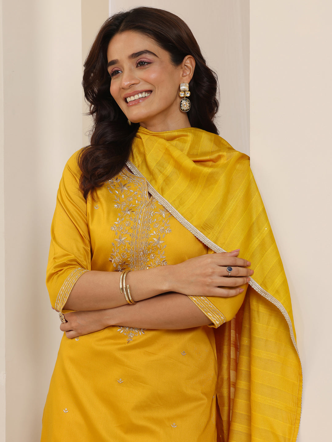  Mustard Embroidered Silk Blend Straight Suit Set With Dupatta 