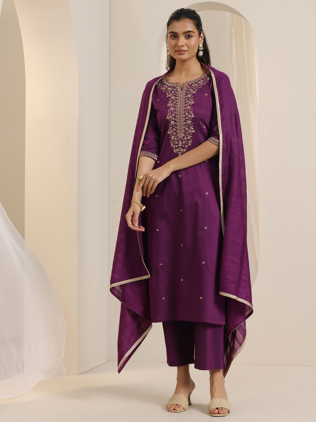  Burgundy Embroidered Silk Blend Straight Suit Set With Dupatta 