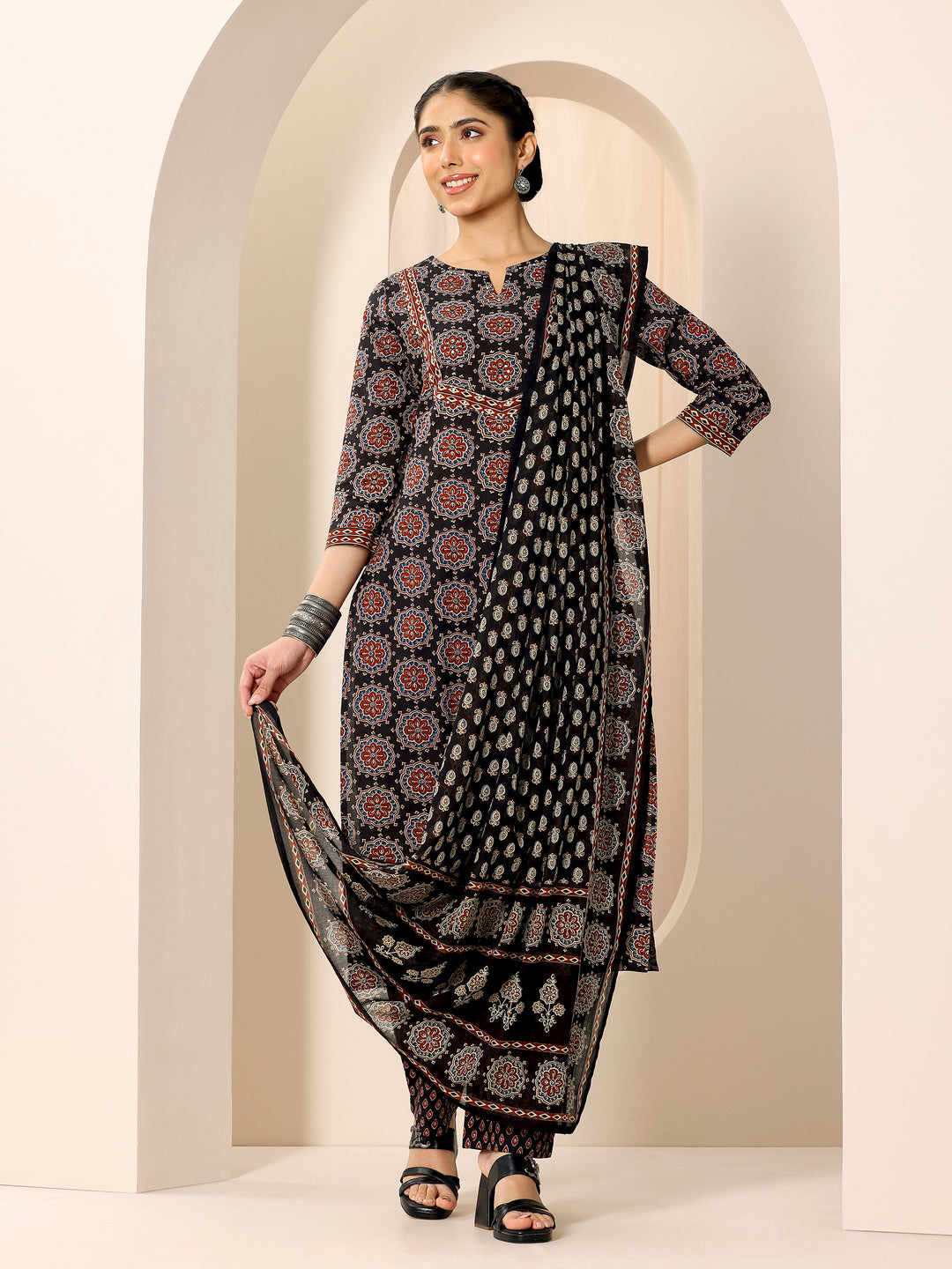  Black Printed Cotton Straight Suit Set With Dupatta 