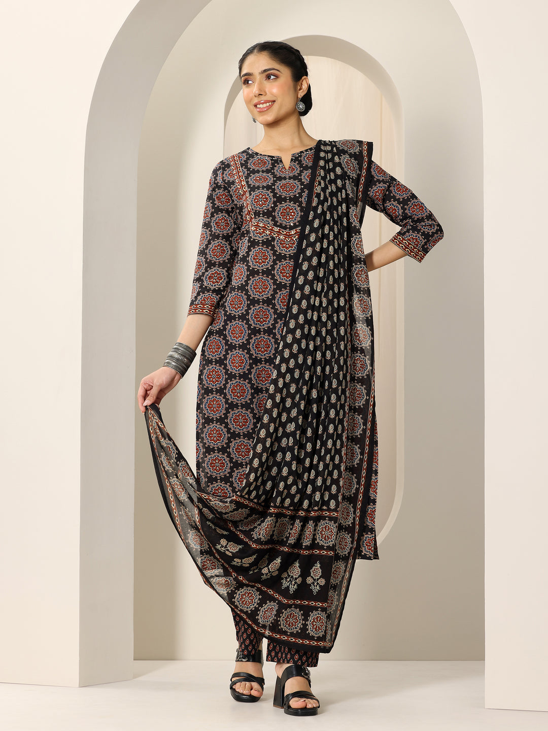 Black Printed Cotton Straight Suit Set With Dupatta