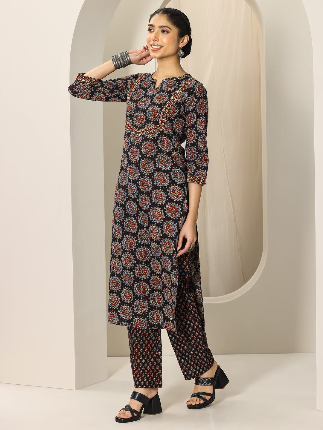  Black Printed Cotton Straight Suit Set With Dupatta 