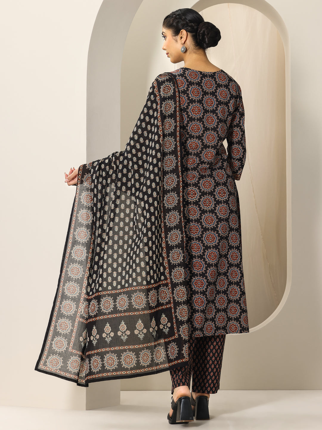  Black Printed Cotton Straight Suit Set With Dupatta 