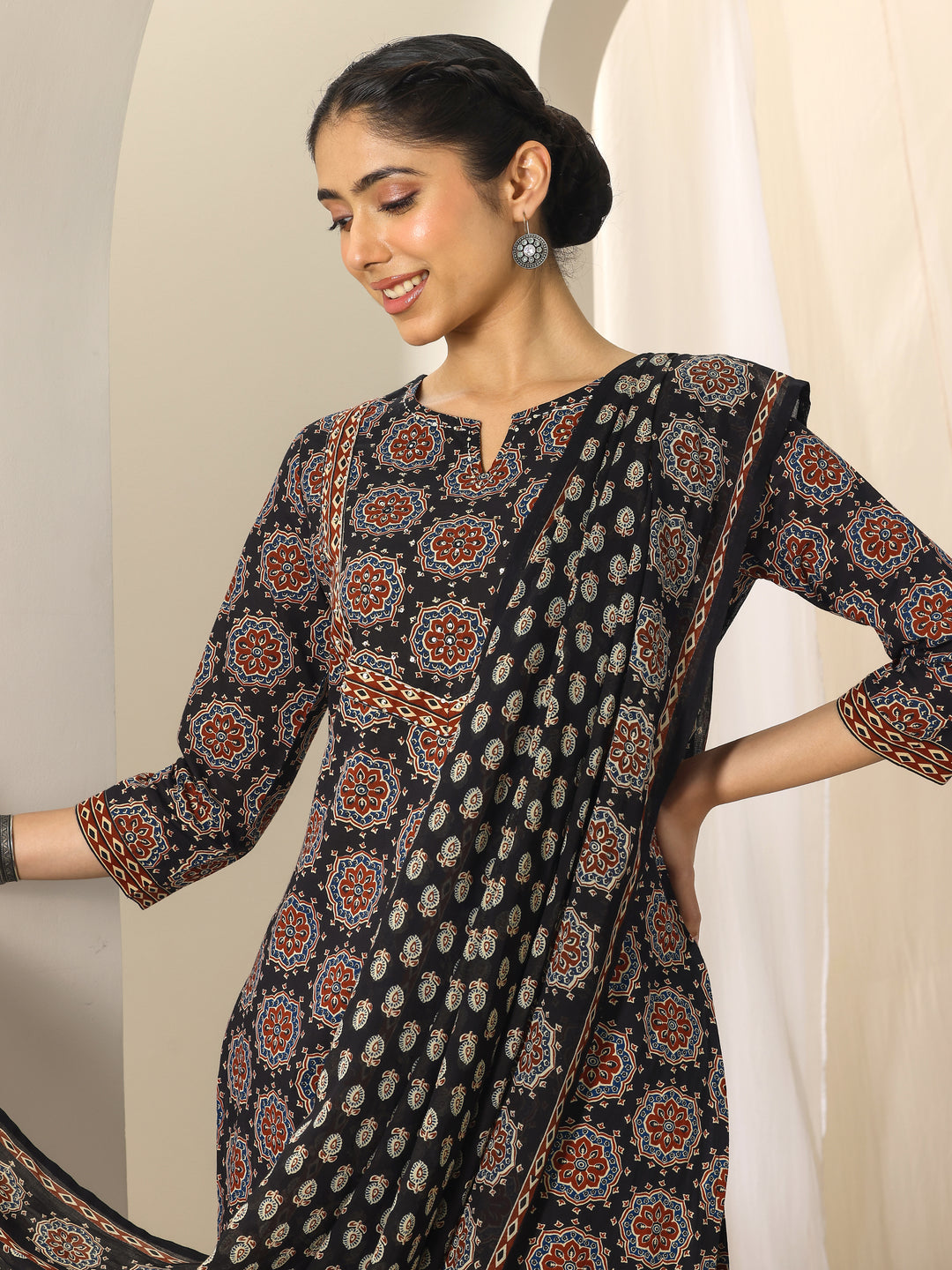  Black Printed Cotton Straight Suit Set With Dupatta 