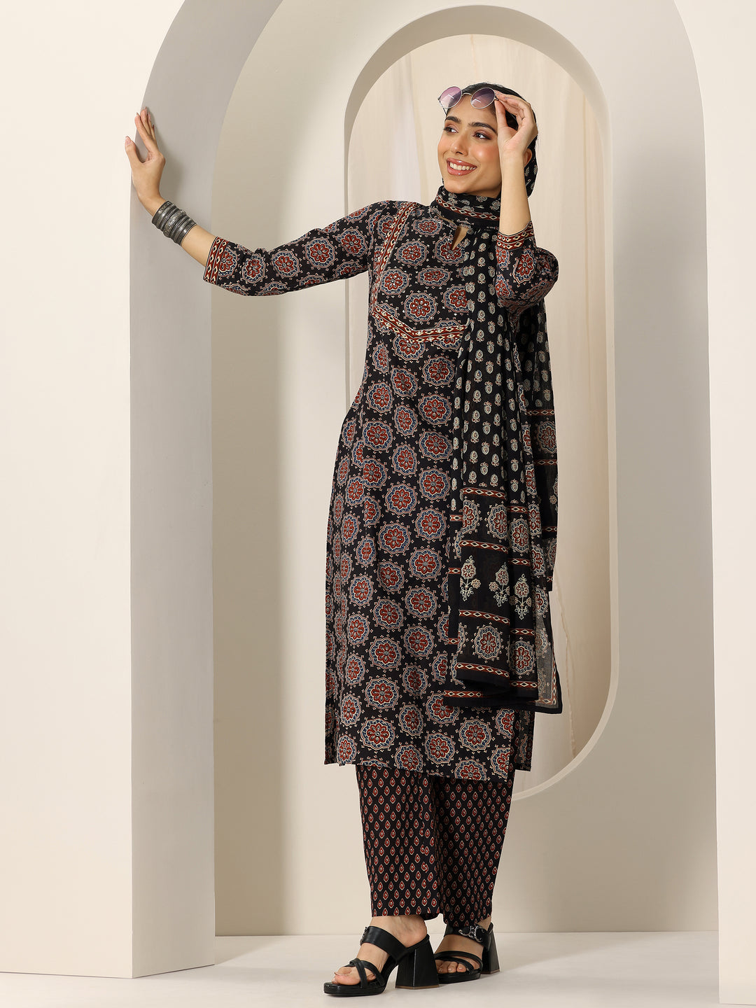  Black Printed Cotton Straight Suit Set With Dupatta 