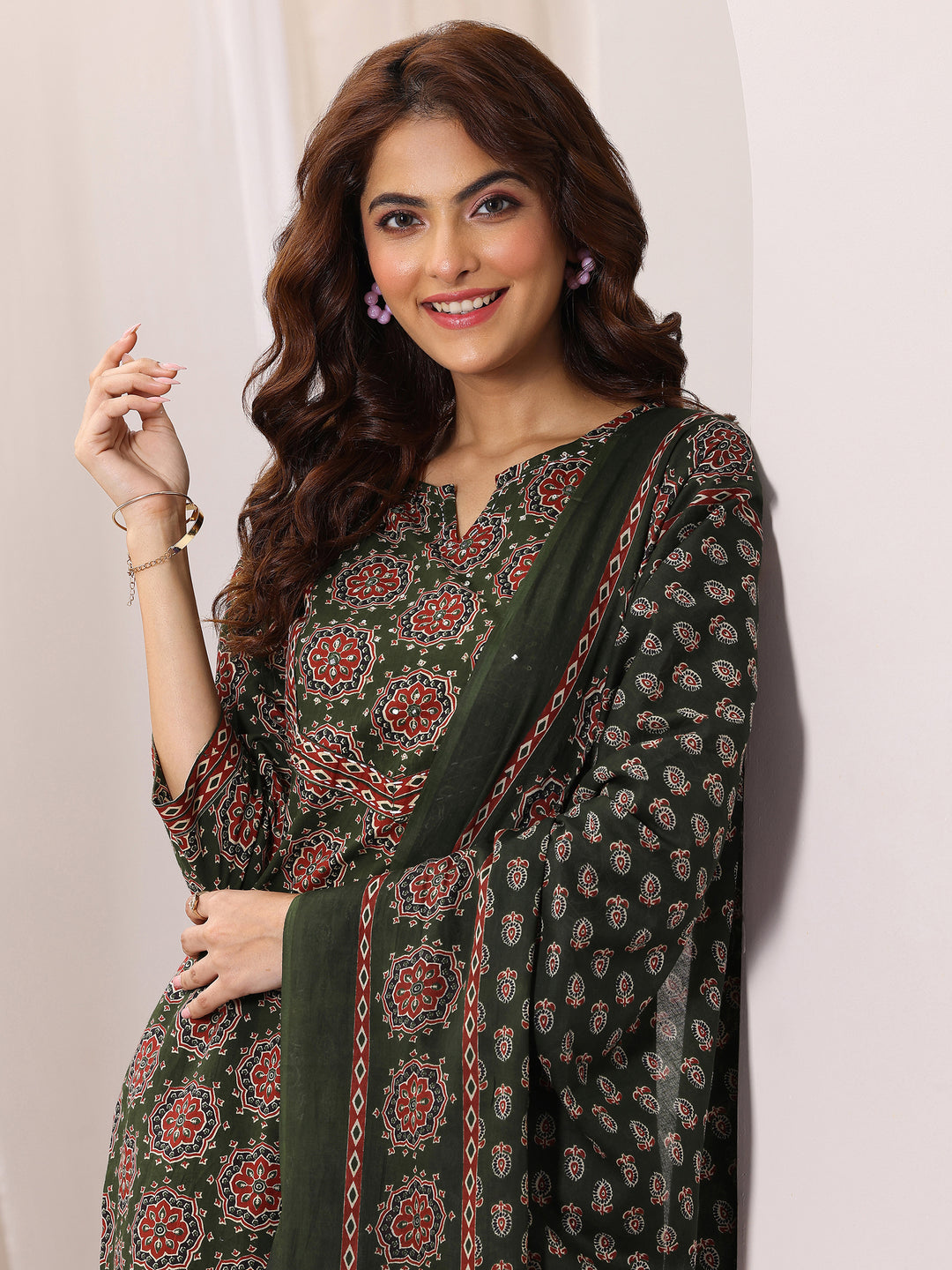  Green Printed Cotton Straight Suit Set With Dupatta 