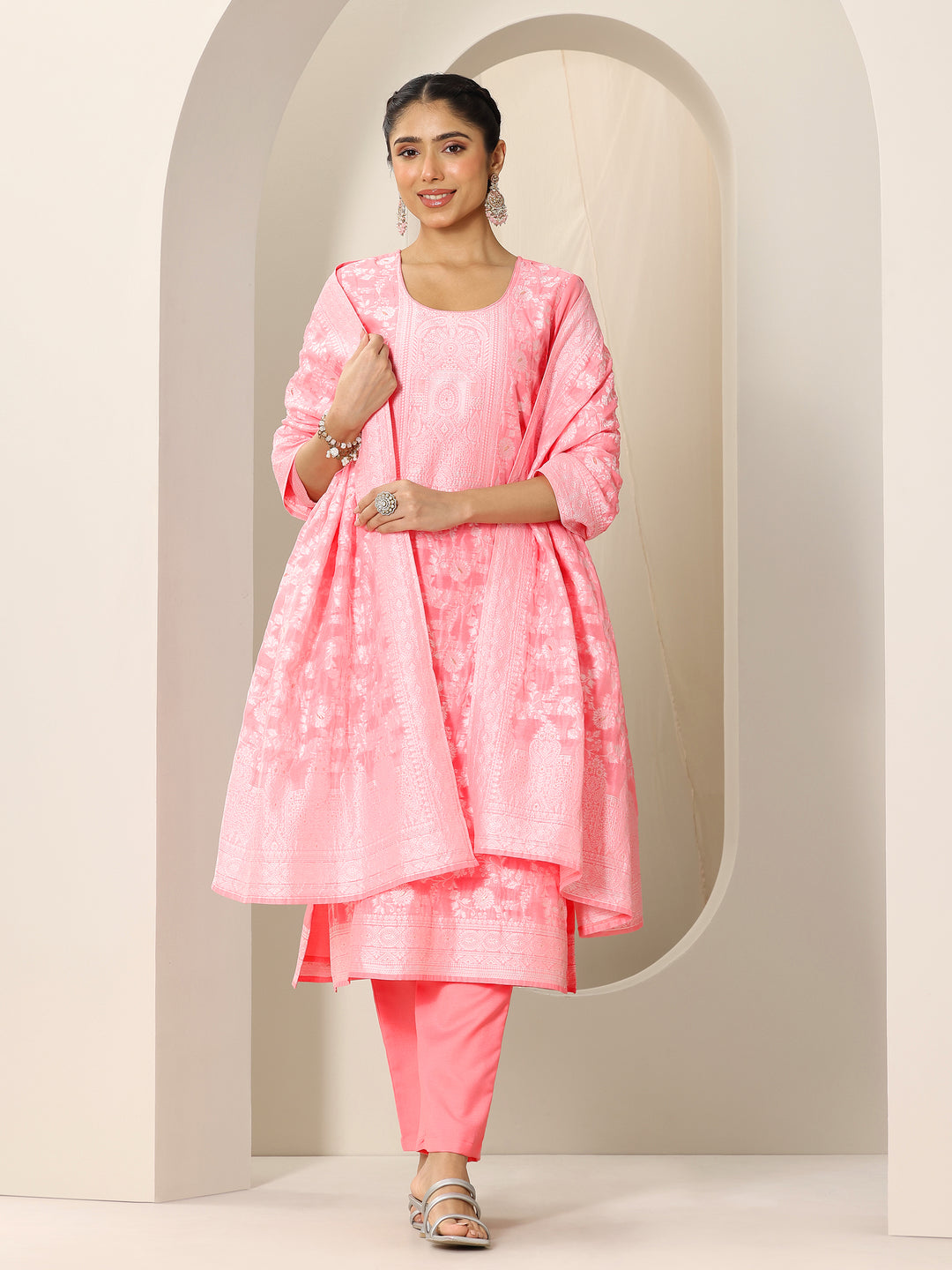  Pink Woven Design Chanderi Silk Straight Suit Set With Dupatta 