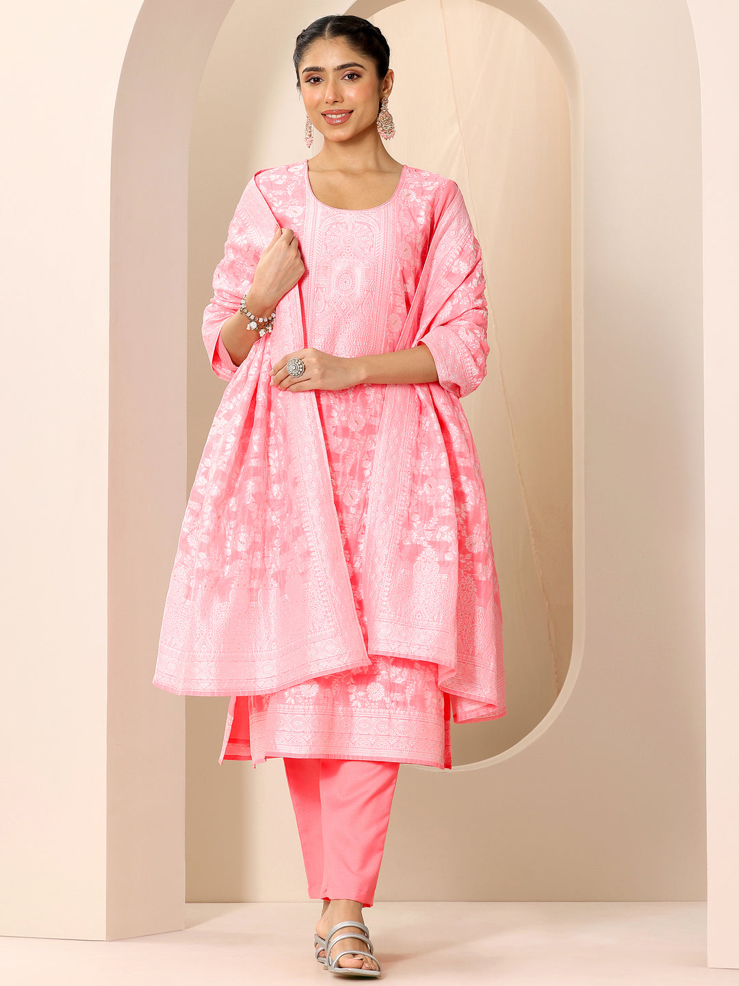  Pink Woven Design Chanderi Silk Straight Suit Set With Dupatta 