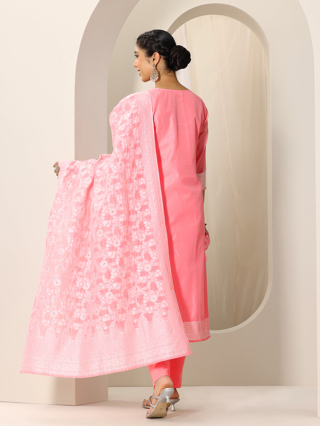  Pink Woven Design Chanderi Silk Straight Suit Set With Dupatta 