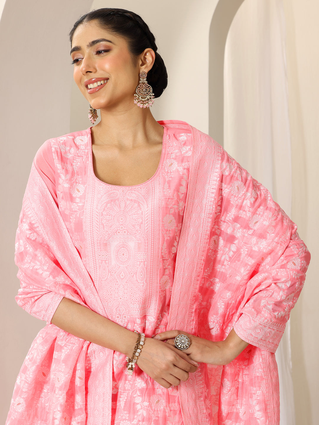  Pink Woven Design Chanderi Silk Straight Suit Set With Dupatta 