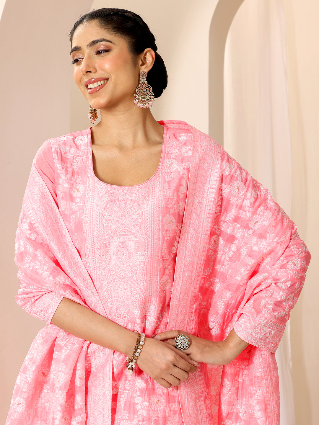  Pink Woven Design Chanderi Silk Straight Suit Set With Dupatta 