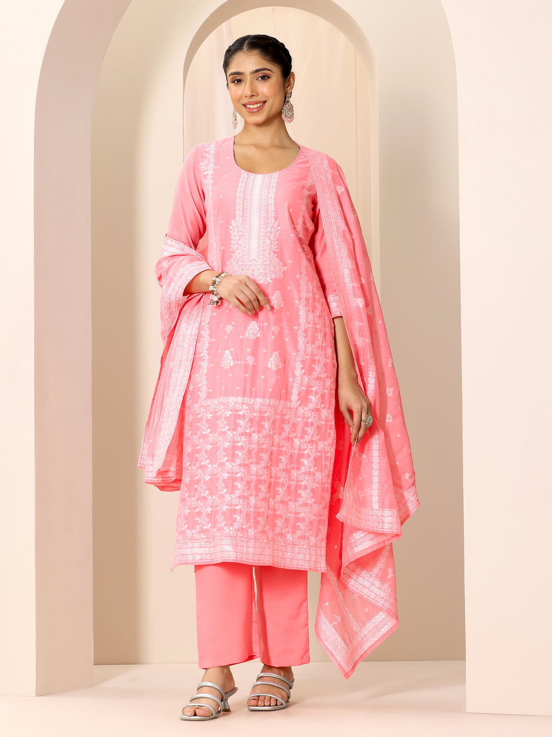  Pink Woven Design Chanderi Silk Straight Suit Set With Dupatta 