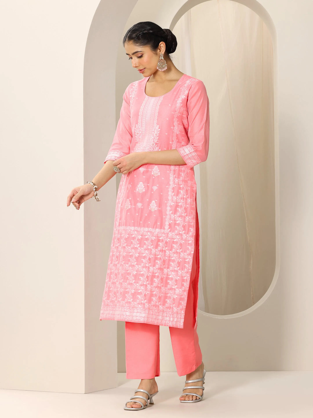  Pink Woven Design Chanderi Silk Straight Suit Set With Dupatta 