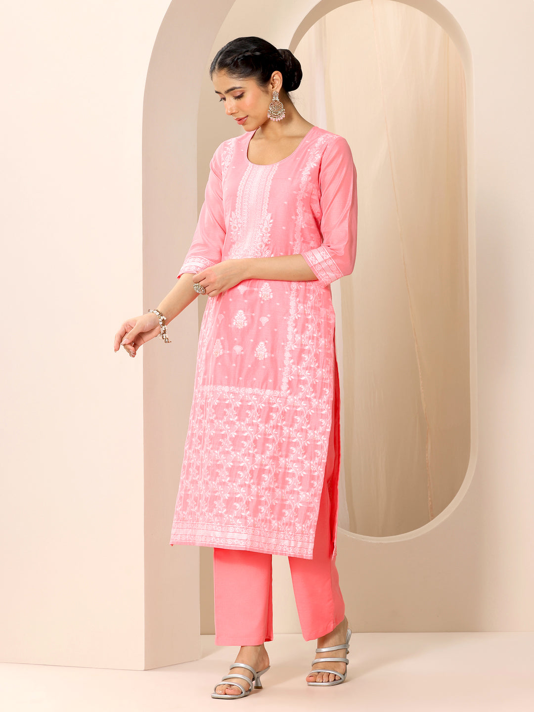  Pink Woven Design Chanderi Silk Straight Suit Set With Dupatta 