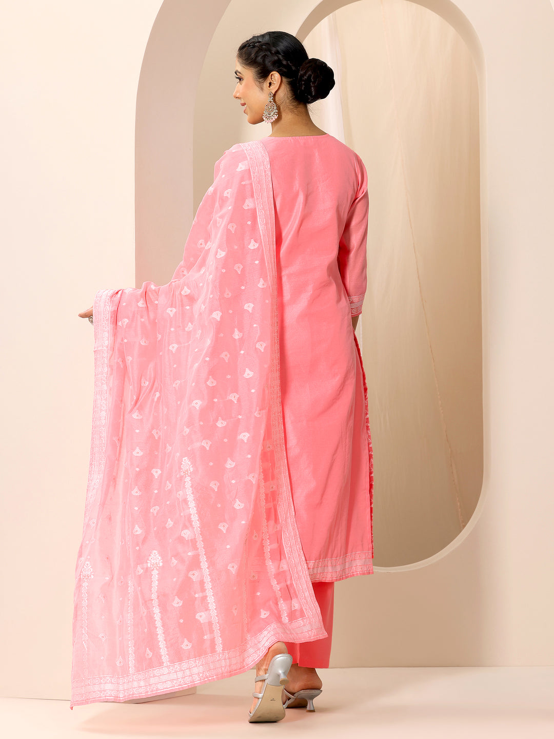  Pink Woven Design Chanderi Silk Straight Suit Set With Dupatta 