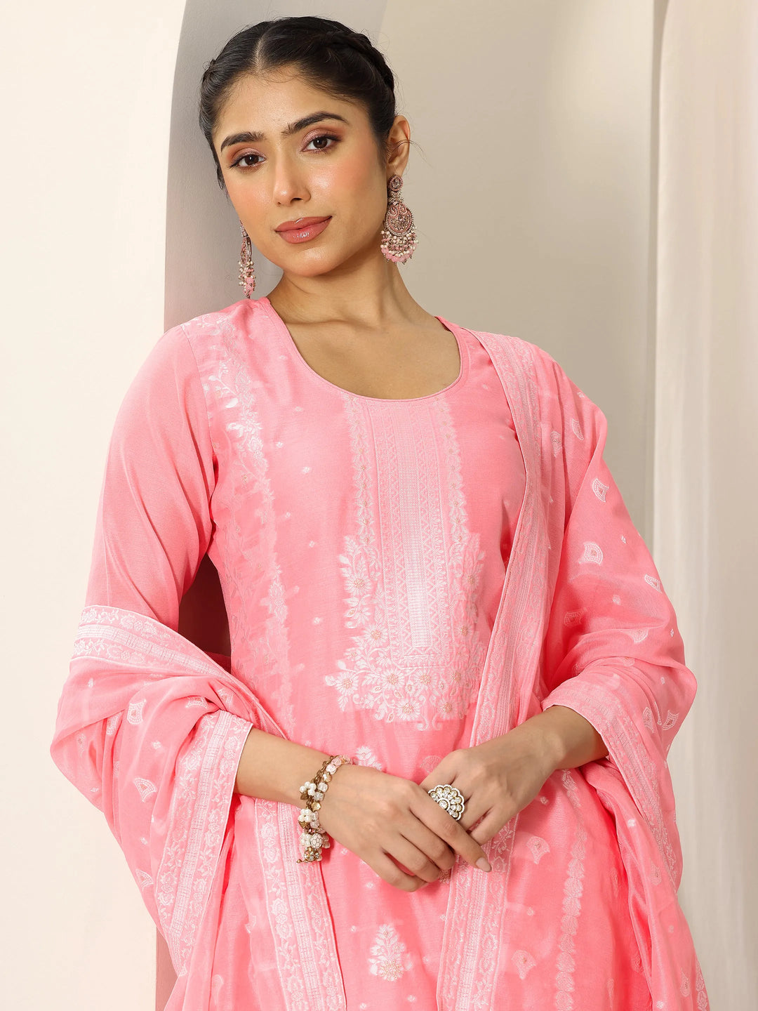  Pink Woven Design Chanderi Silk Straight Suit Set With Dupatta 