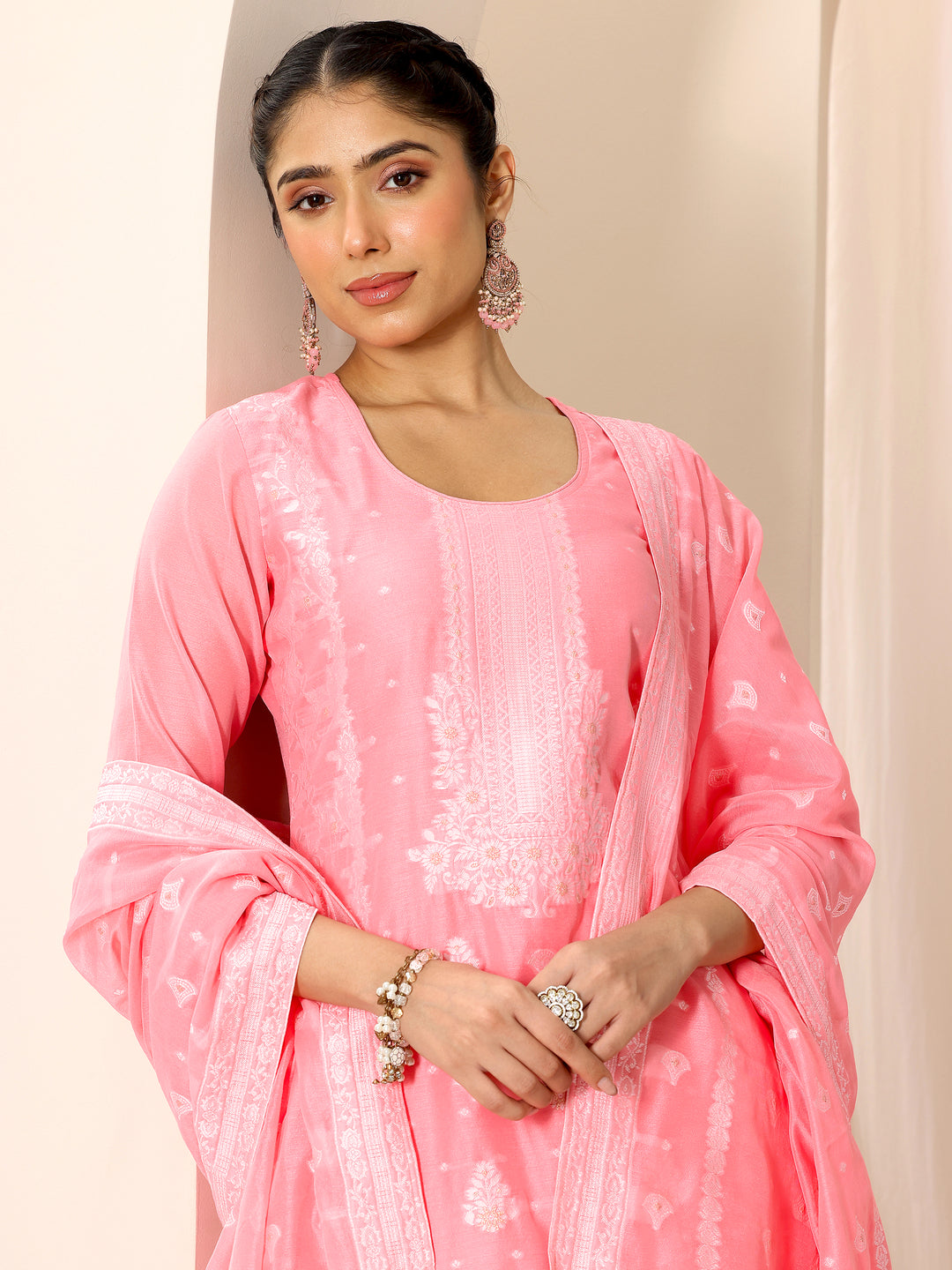  Pink Woven Design Chanderi Silk Straight Suit Set With Dupatta 