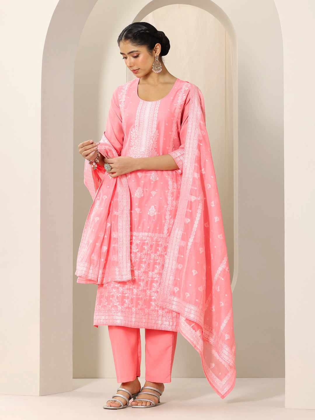  Pink Woven Design Chanderi Silk Straight Suit Set With Dupatta 