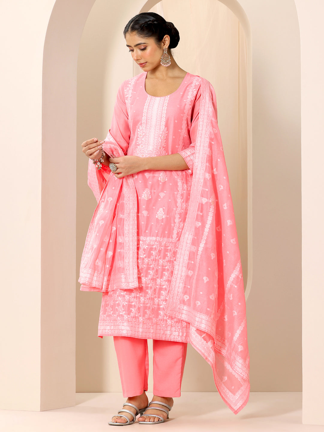  Pink Woven Design Chanderi Silk Straight Suit Set With Dupatta 