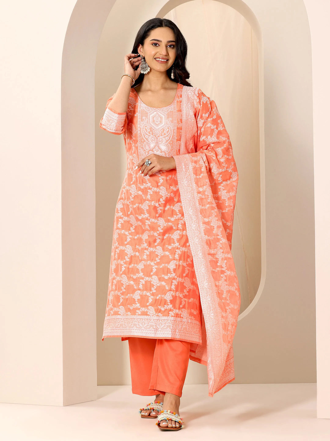  Orange Woven Design Chanderi Silk Straight Suit Set With Dupatta 