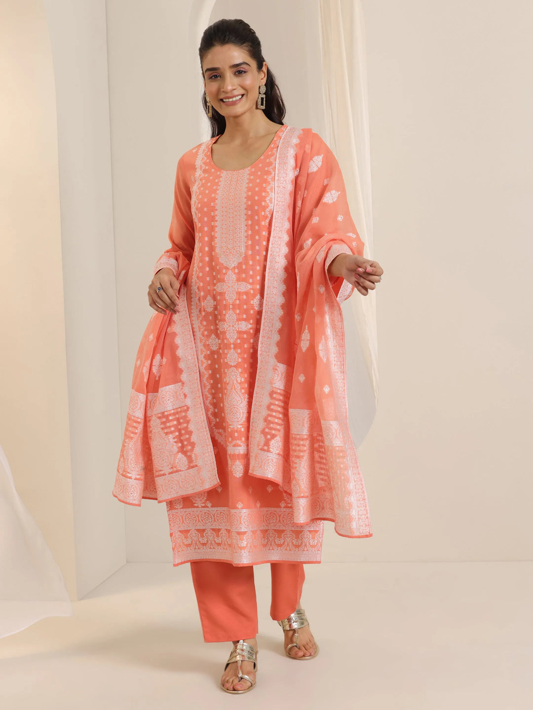  Orange Woven Design Chanderi Silk Straight Suit Set With Dupatta 