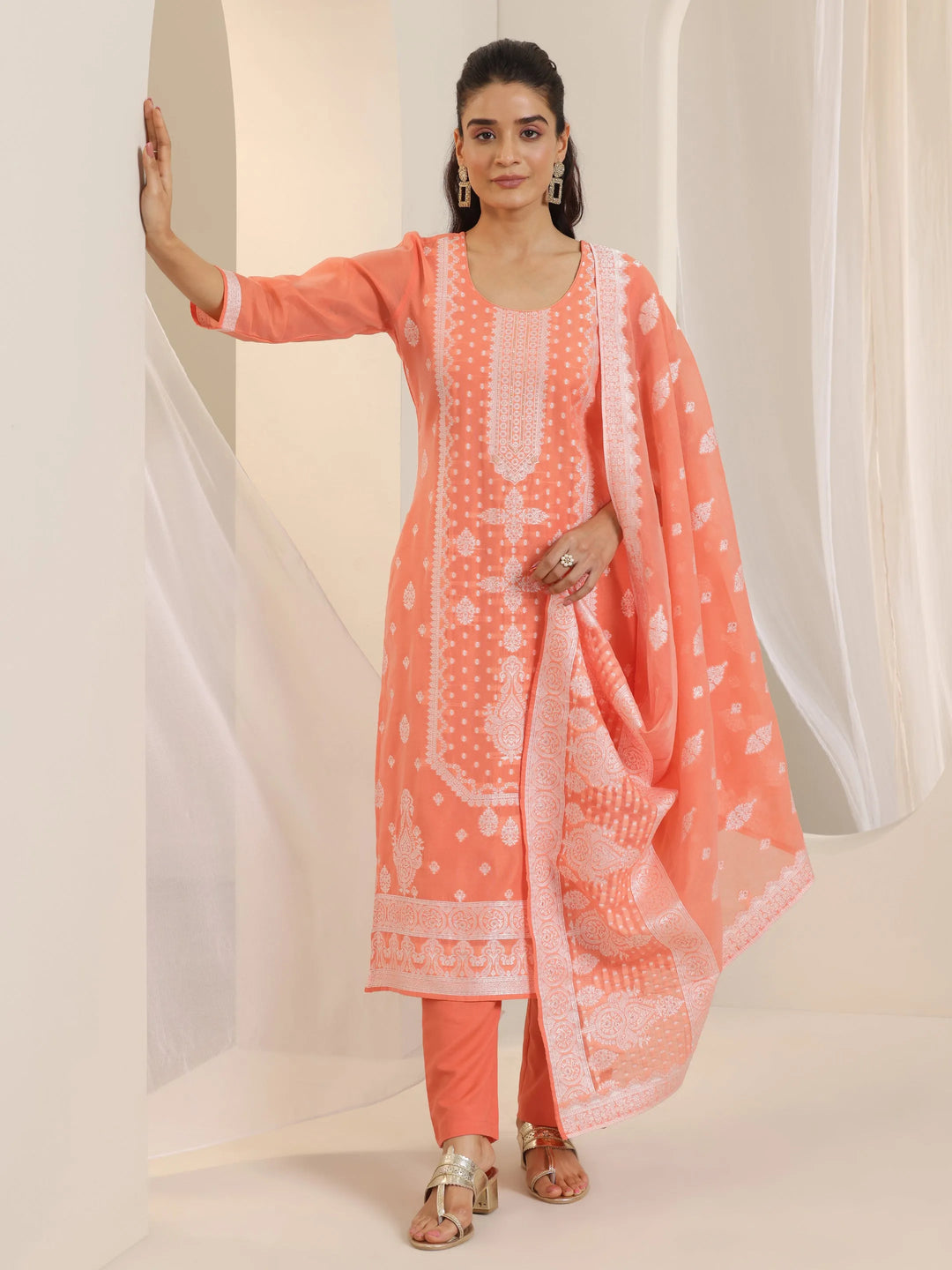 Orange Woven Design Chanderi Silk Straight Suit Set With Dupatta