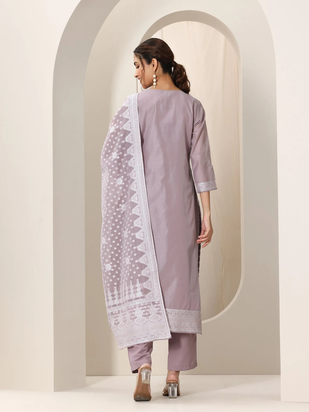  Mauve Woven Design Chanderi Silk Straight Suit Set With Dupatta 