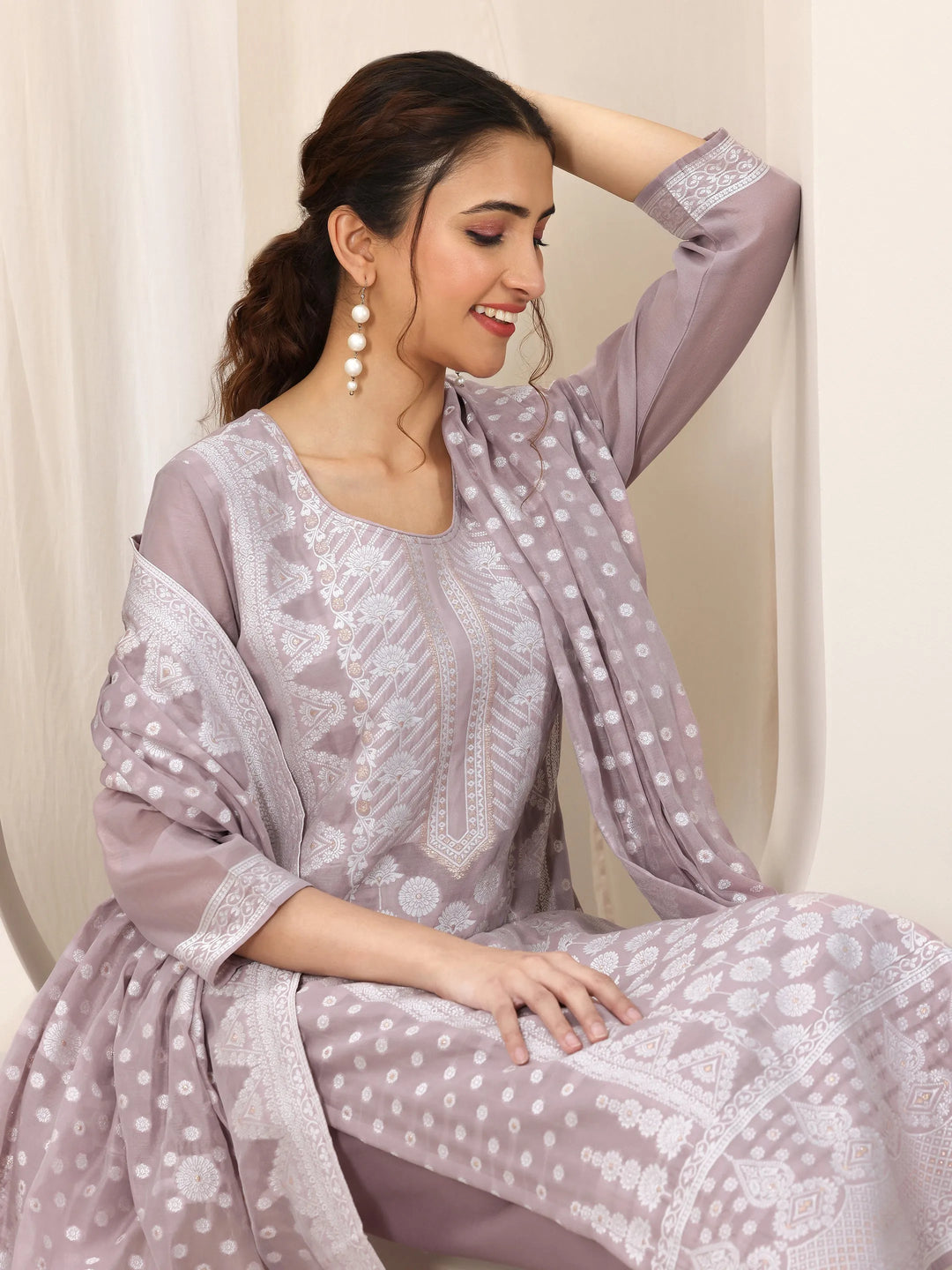  Mauve Woven Design Chanderi Silk Straight Suit Set With Dupatta 