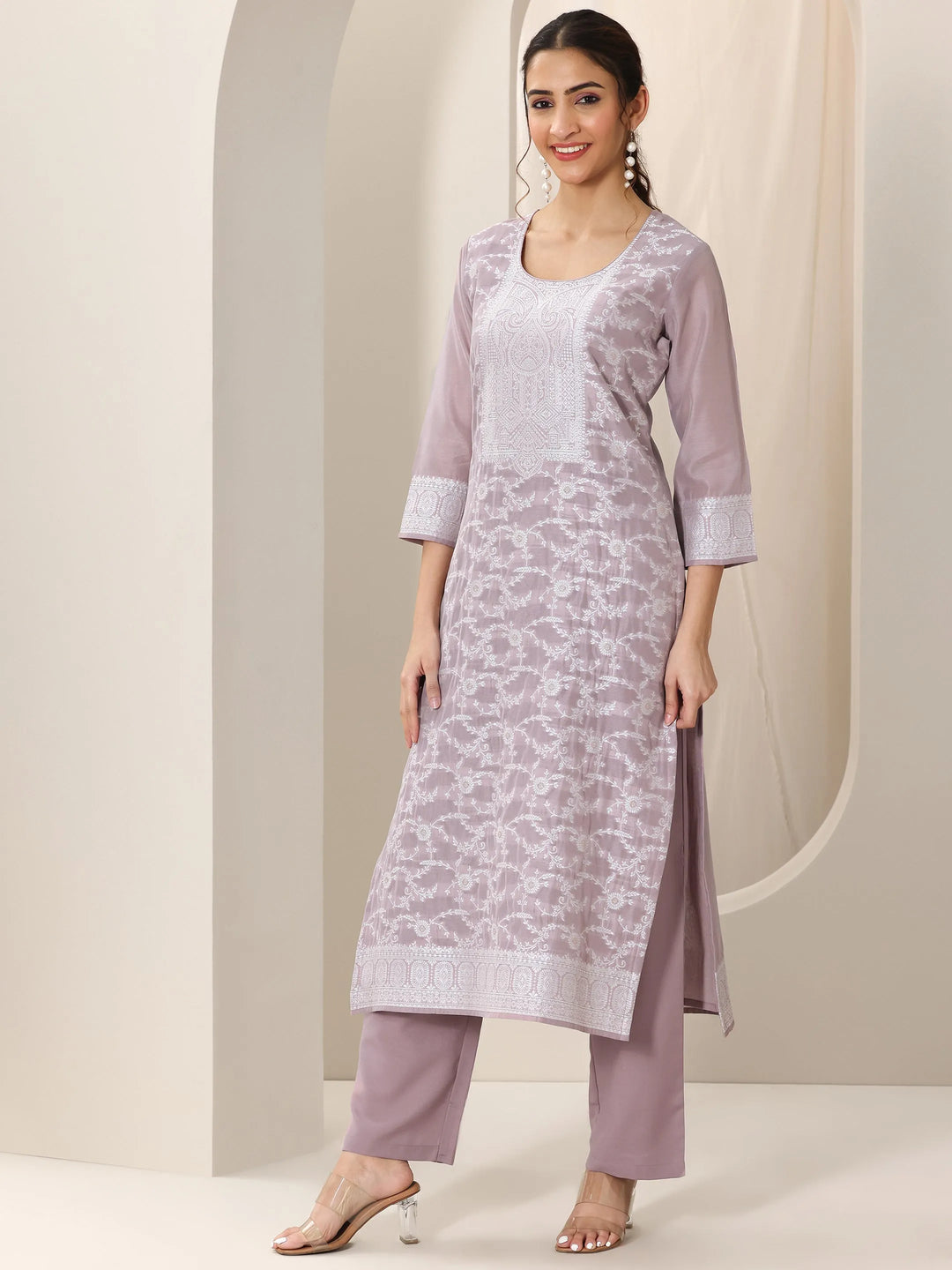  Mauve Woven Design Chanderi Silk Straight Suit Set With Dupatta 