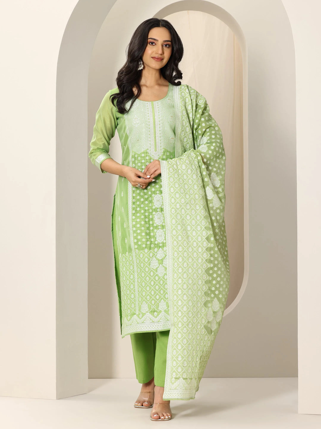  Green Woven Design Chanderi Silk Straight Suit Set With Dupatta 