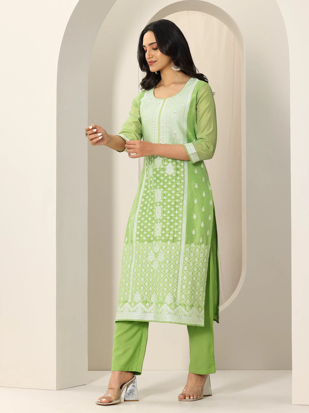  Green Woven Design Chanderi Silk Straight Suit Set With Dupatta 