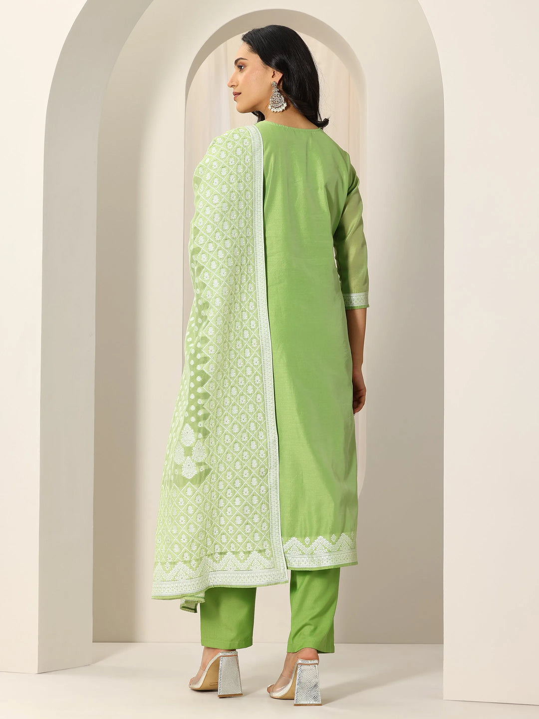  Green Woven Design Chanderi Silk Straight Suit Set With Dupatta 