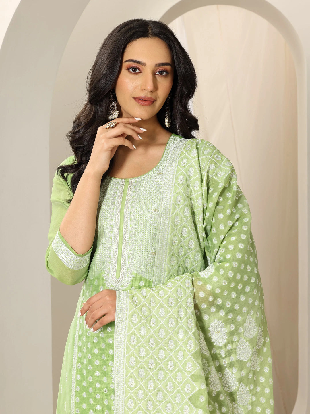  Green Woven Design Chanderi Silk Straight Suit Set With Dupatta 