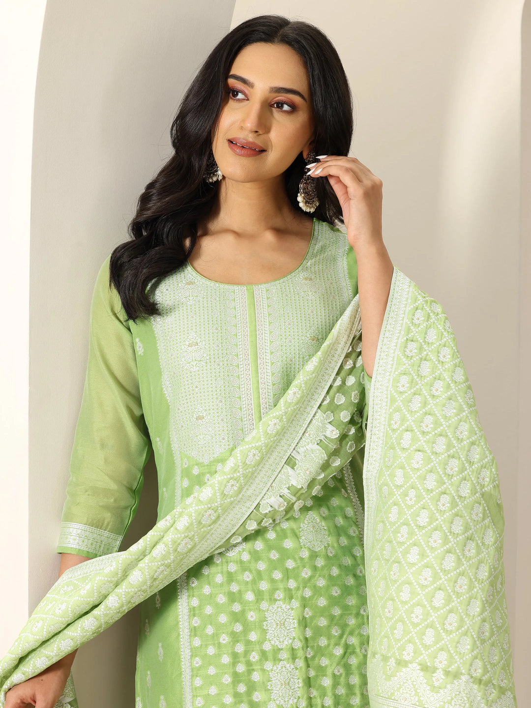  Green Woven Design Chanderi Silk Straight Suit Set With Dupatta 