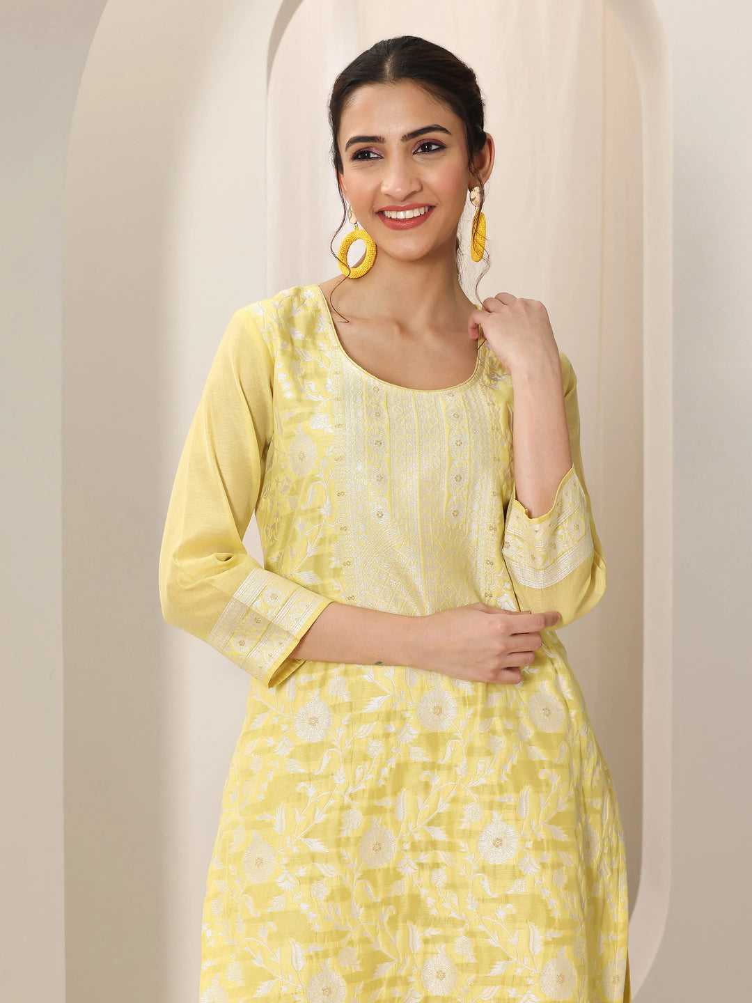  Yellow Woven Design Chanderi Silk Straight Suit Set With Dupatta 