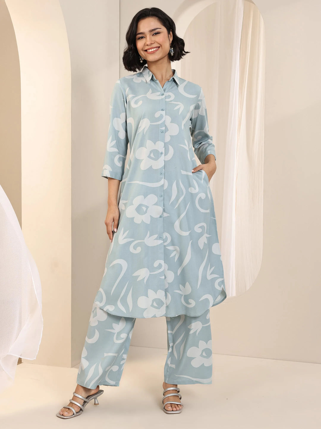 Blue Printed Rayon Straight Kurta Set