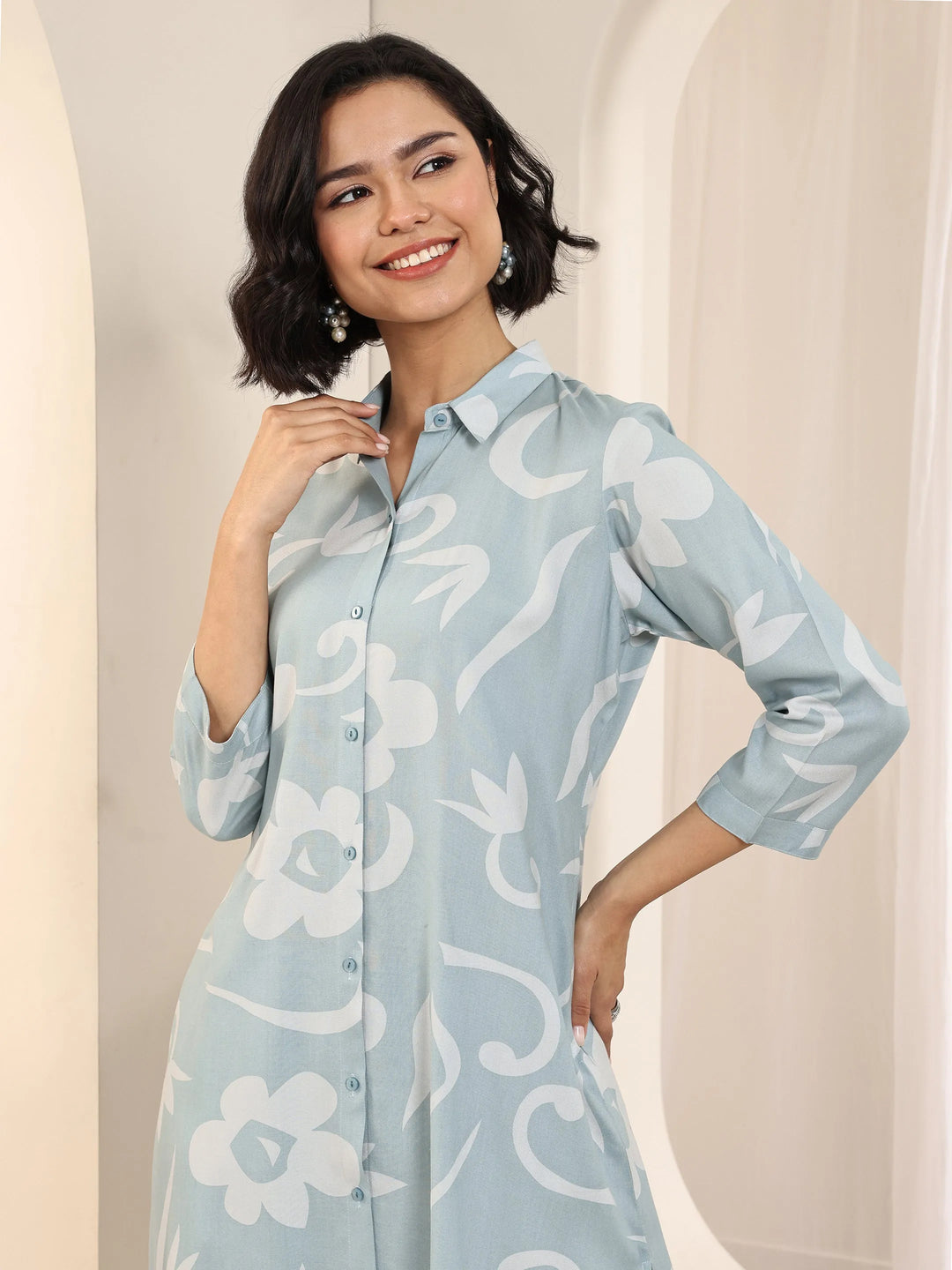  Blue Printed Rayon Straight Kurta Set 