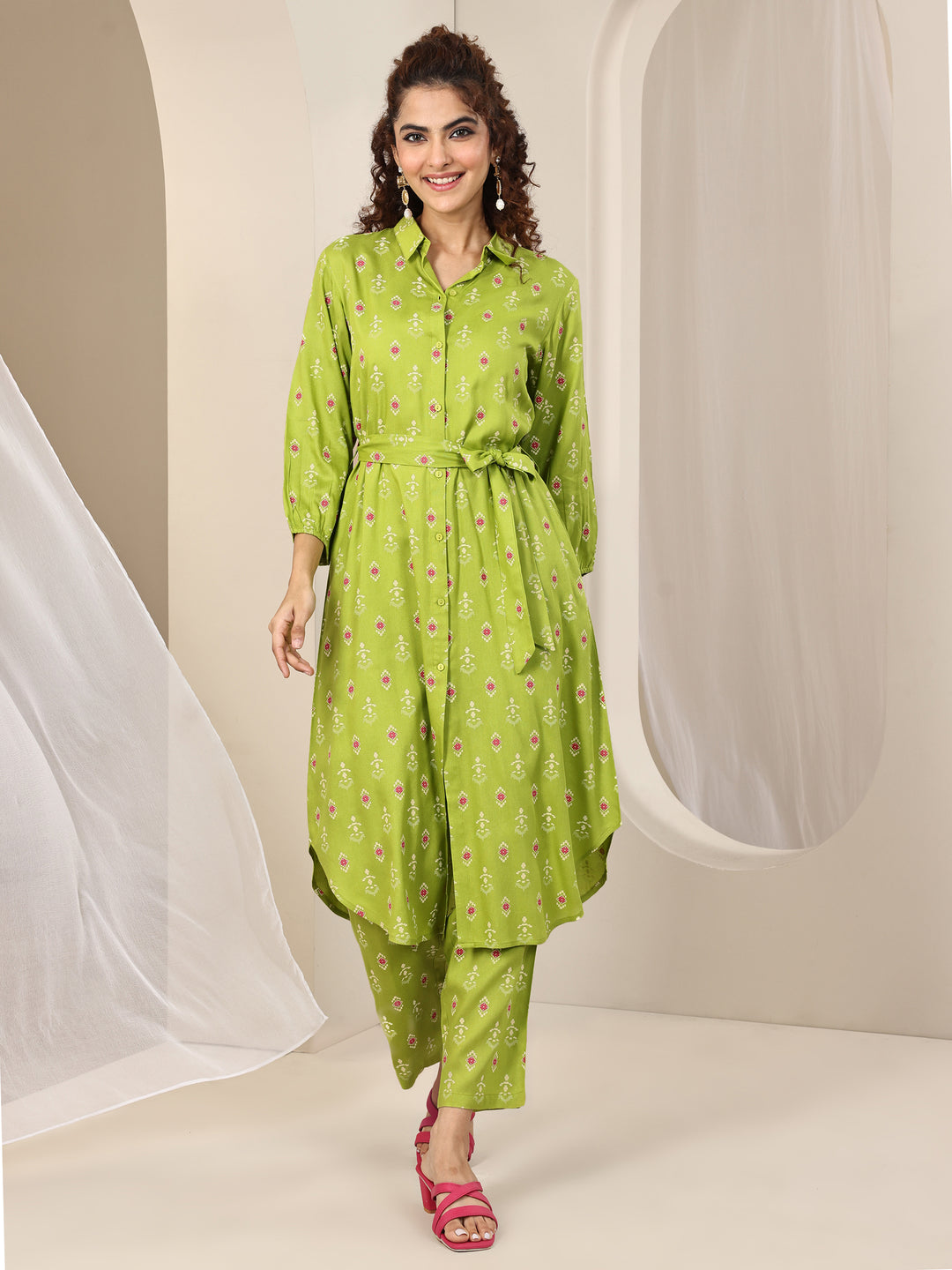  Green Printed Rayon Straight Kurta Set 