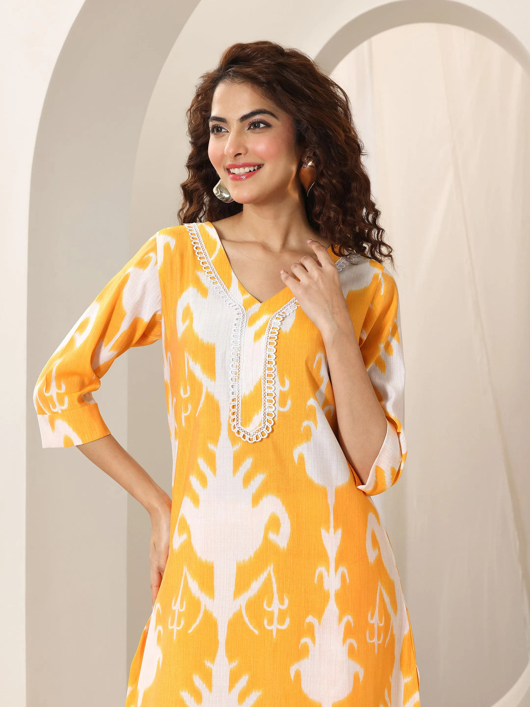  Mustard Printed Silk Blend Straight Kurta Set 