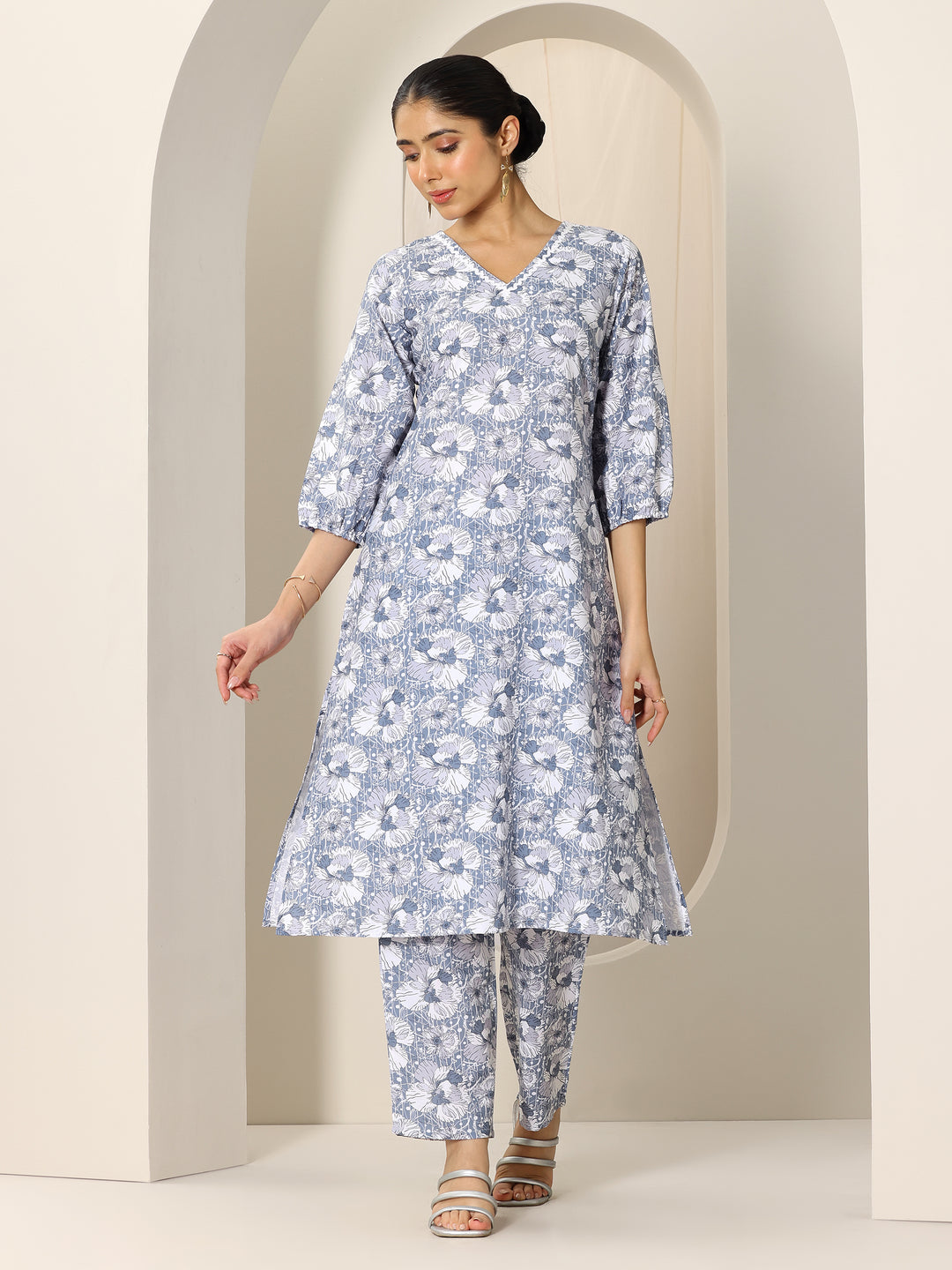  Blue Printed Rayon Straight Kurta Set 